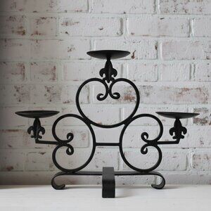3 Tiered Black Iron Candelabra Centerpiece Fleur De Lis Scrolling Pillar Holder